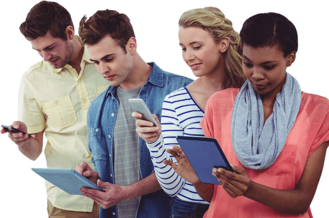 Diverse Team Engaging with Mobile Technologies on Transparent Background