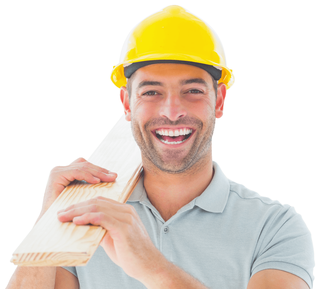 Smiling Construction Worker Holding Plank on Transparent Background