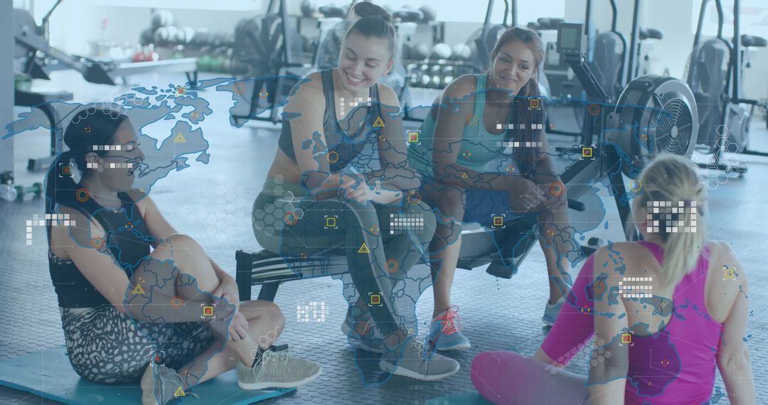 Women Resting and Chatting in Gym with World Map Overlay
