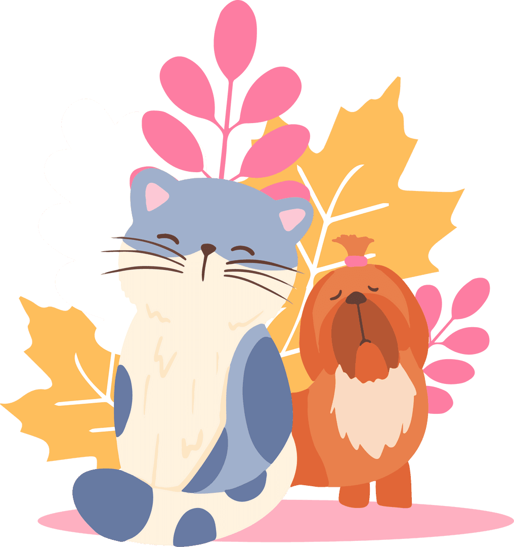 Adorable Cat and Dog Surrounded by Autumn Leaves on Transparent Background