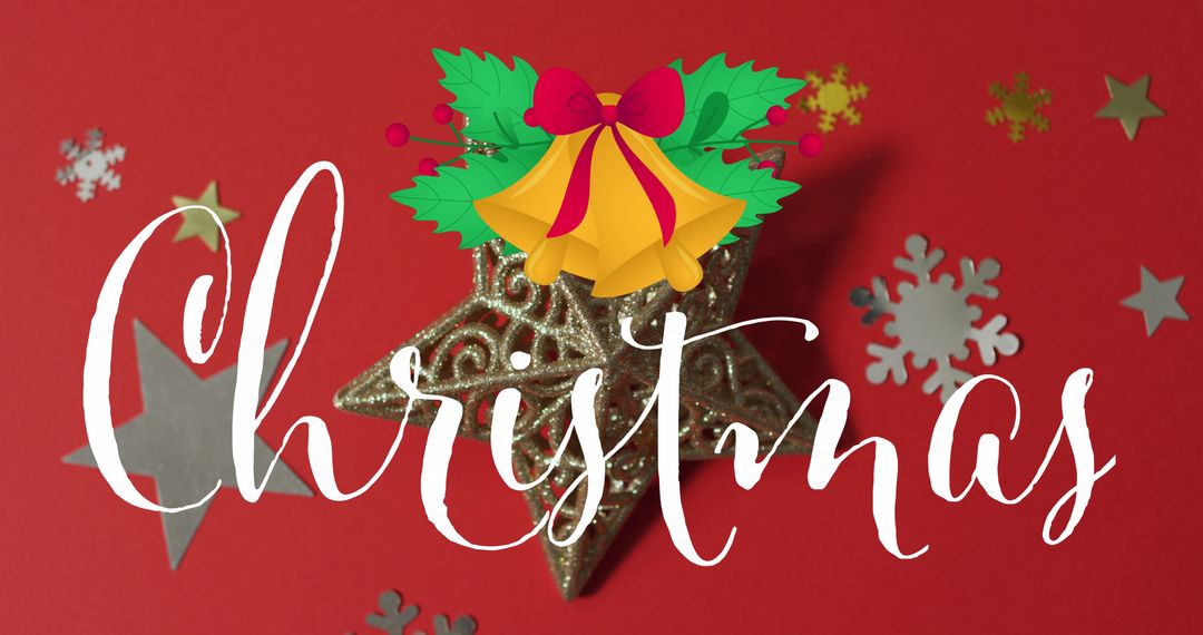 Festive Christmas Text Over Red Background with Decorations
