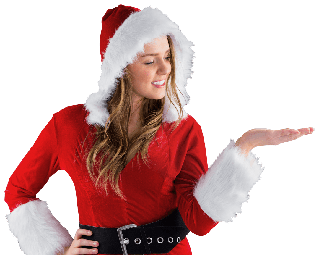 Festive Santa Girl Presents Empty Space on White Background