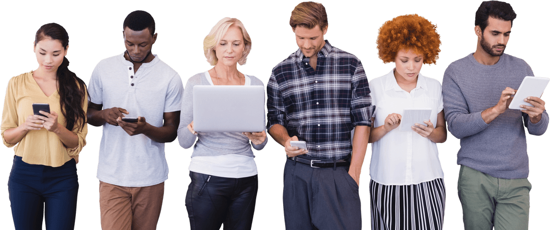 Diverse Team Using Digital Devices on Transparent Background