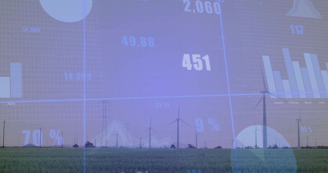 Wind Turbines in the Field with Data Overlay Conceptual Visualization