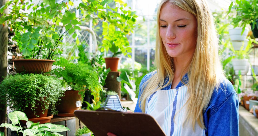 Young Woman Gardener Checking Plant Inventory in Greenhouse - Free Images, Stock Photos and Pictures on Pikwizard.com