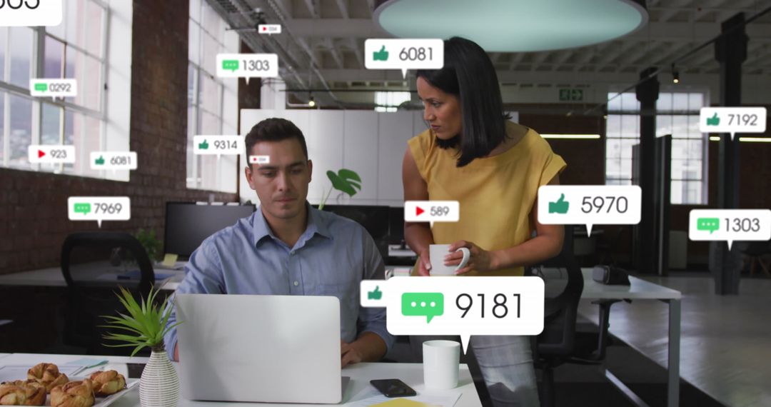 Diverse Professionals Analyzing Social Media Metrics in Modern Office