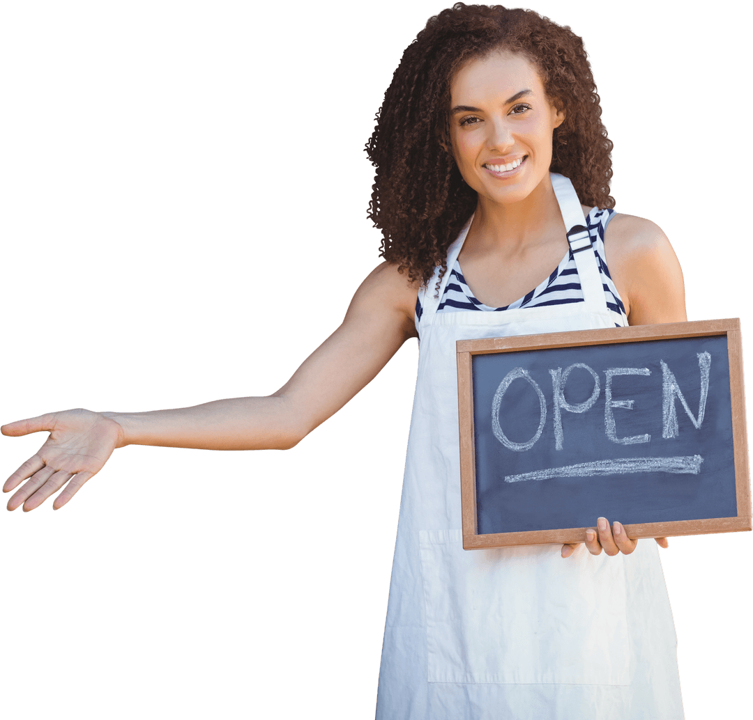 Smiling Woman Touting Open Sign on Chalkboard, Transparent Background