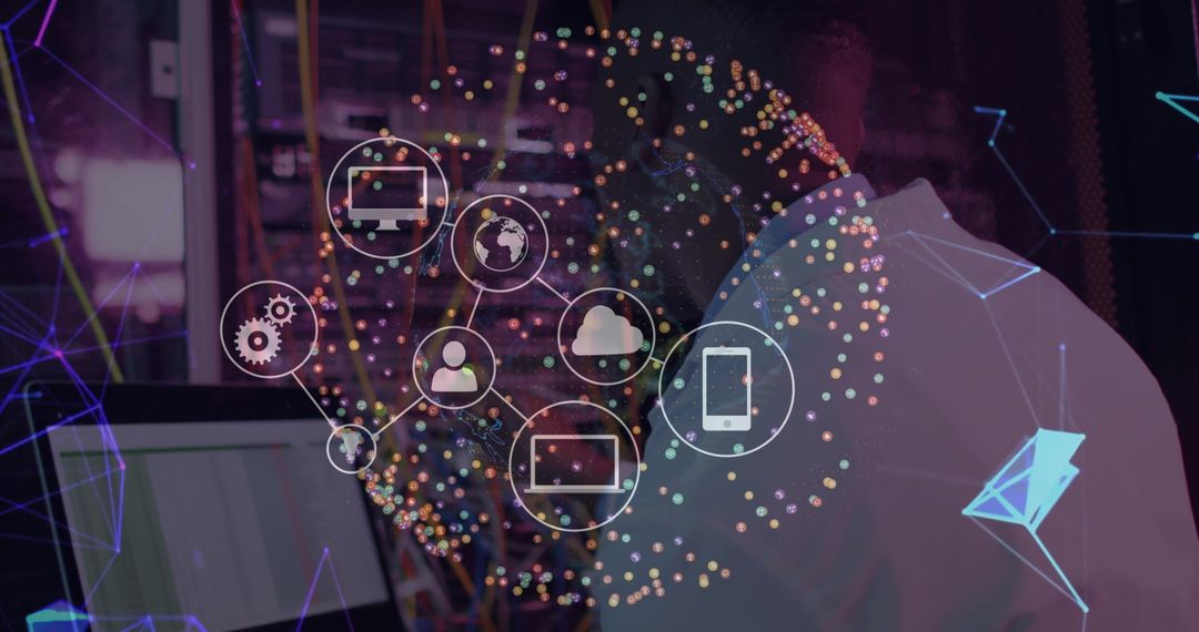 Data Center Network Visualization with Technician and Digital Icons