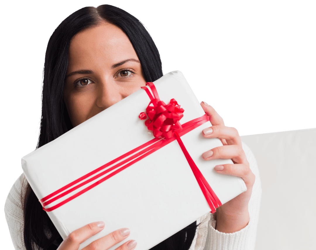 Woman Holding Transparent Gift Box with Red Ribbon