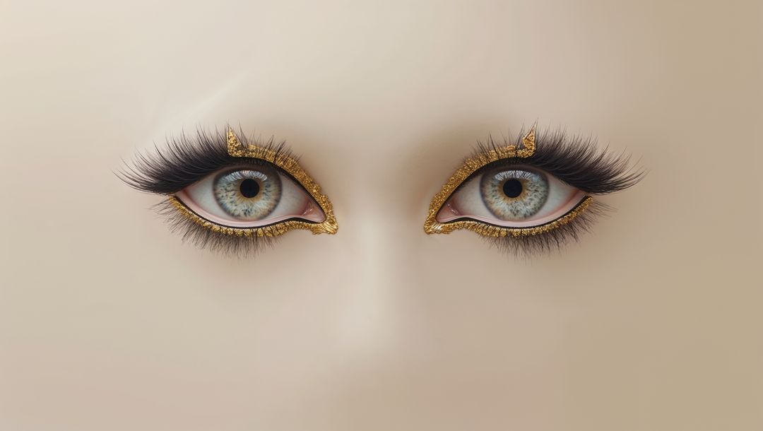 Stylized AI-Generated Eyes with Gold Accents on Beige Backdrop