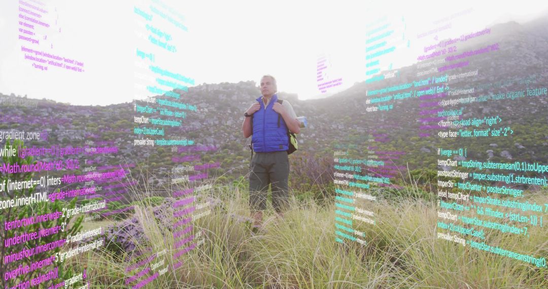 Solo hiker navigating augmented code overlays over wildflower hillside