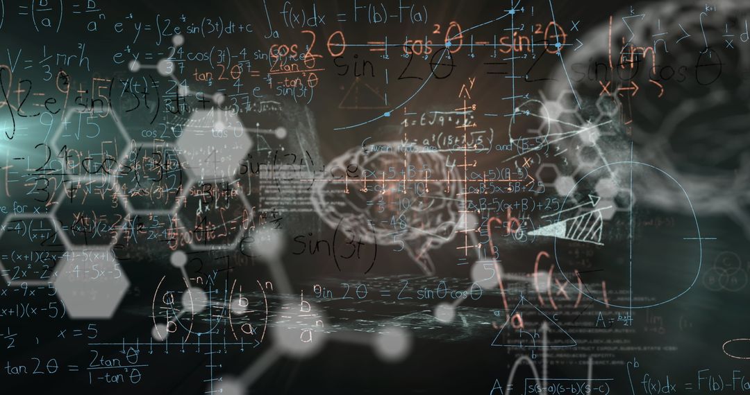 Brain and Math Formulas Overlay on Scientific Digital Screen