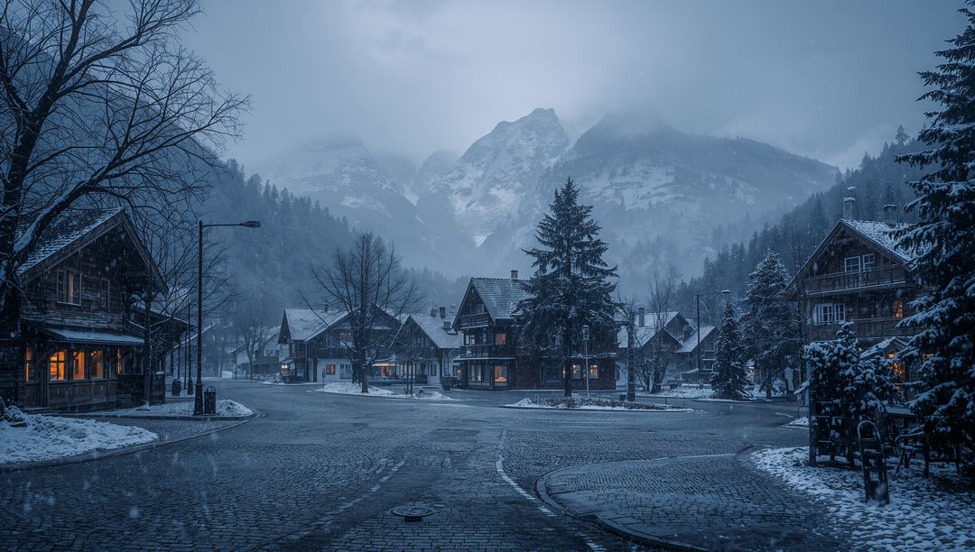 Twilight Alpine Village with Wooden Chalets and Snowfall Around Cobblestone Roundabout