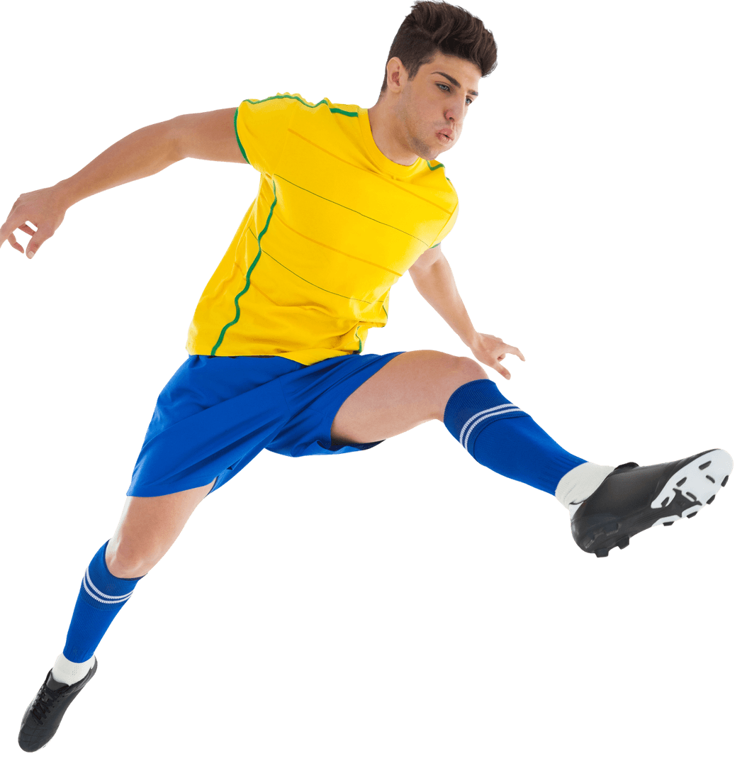 Hispanic Footballer Leaping to Kick with Powerful Pose on Transparent Background