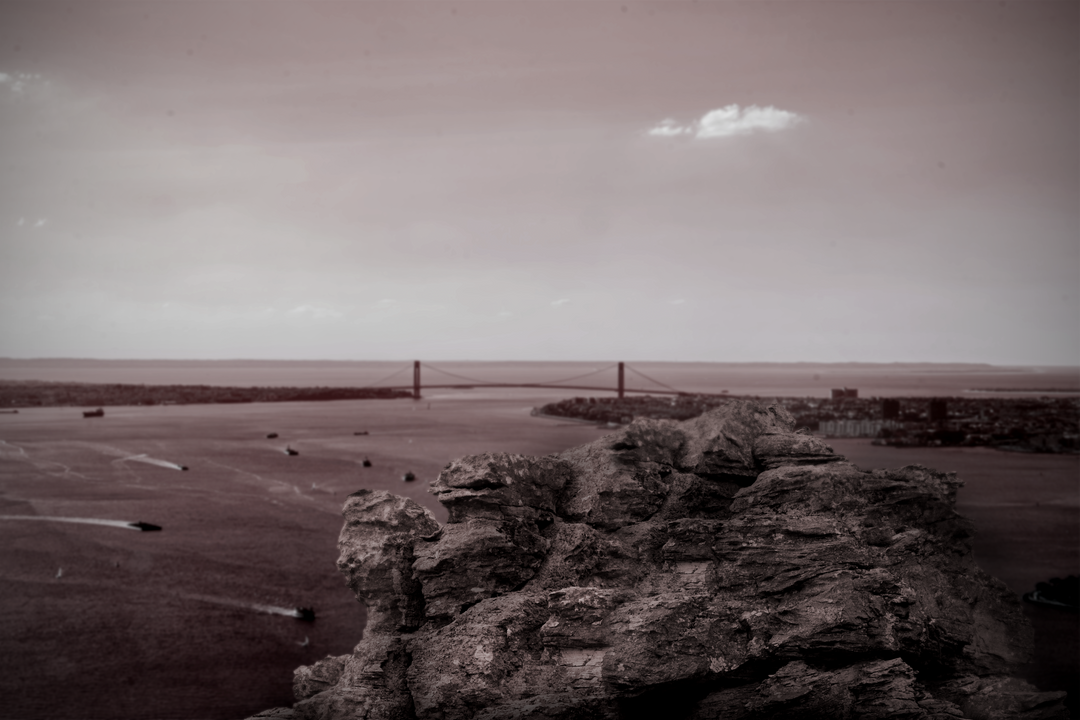 Transparent Natural Pastel Landscape with Distant Coastal Bridge and Rocky Foreground - Download Free Stock Images Pikwizard.com