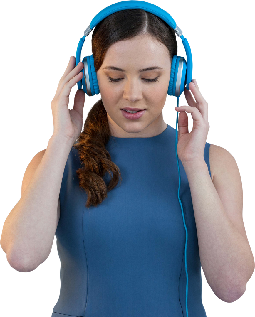 Transparent image young woman wearing blue headphones listening to music - Download Free Stock Images Pikwizard.com