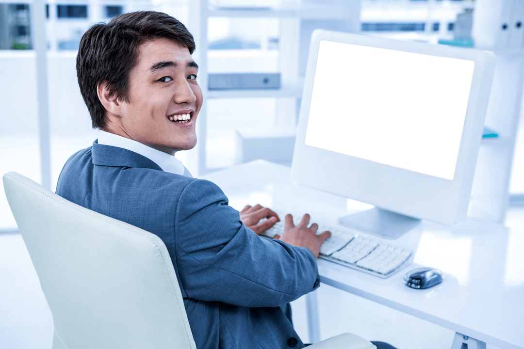 Transparent Background of Businessman Typing and Smiling at Work
