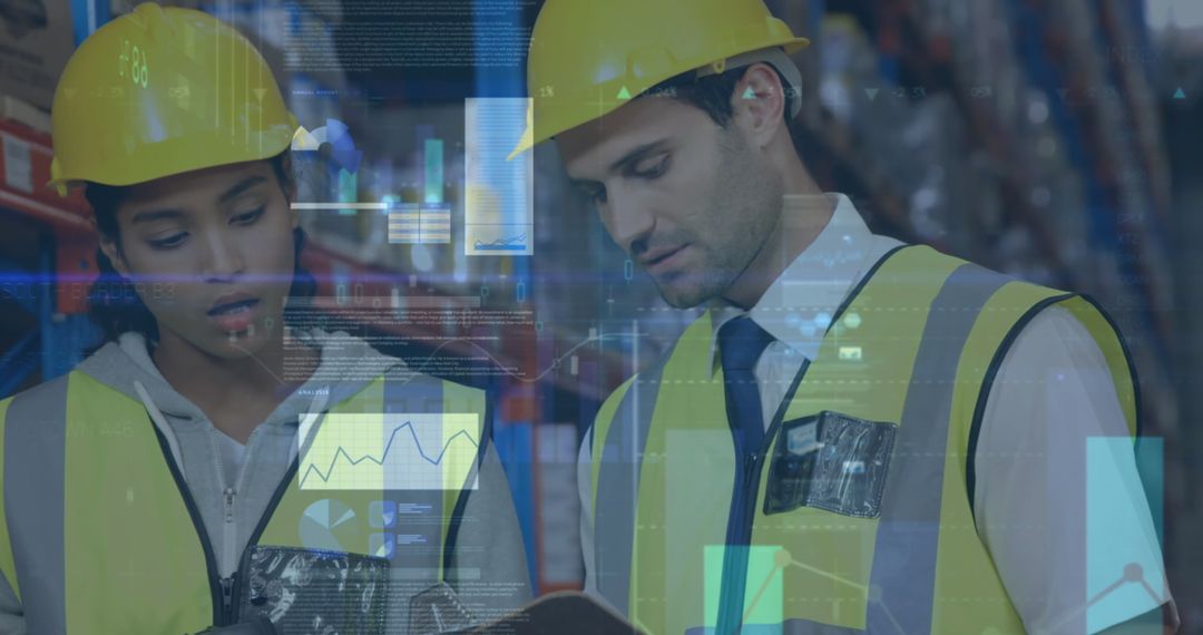 Warehouse Team Analyzing Data with Digital Analytics Overlay