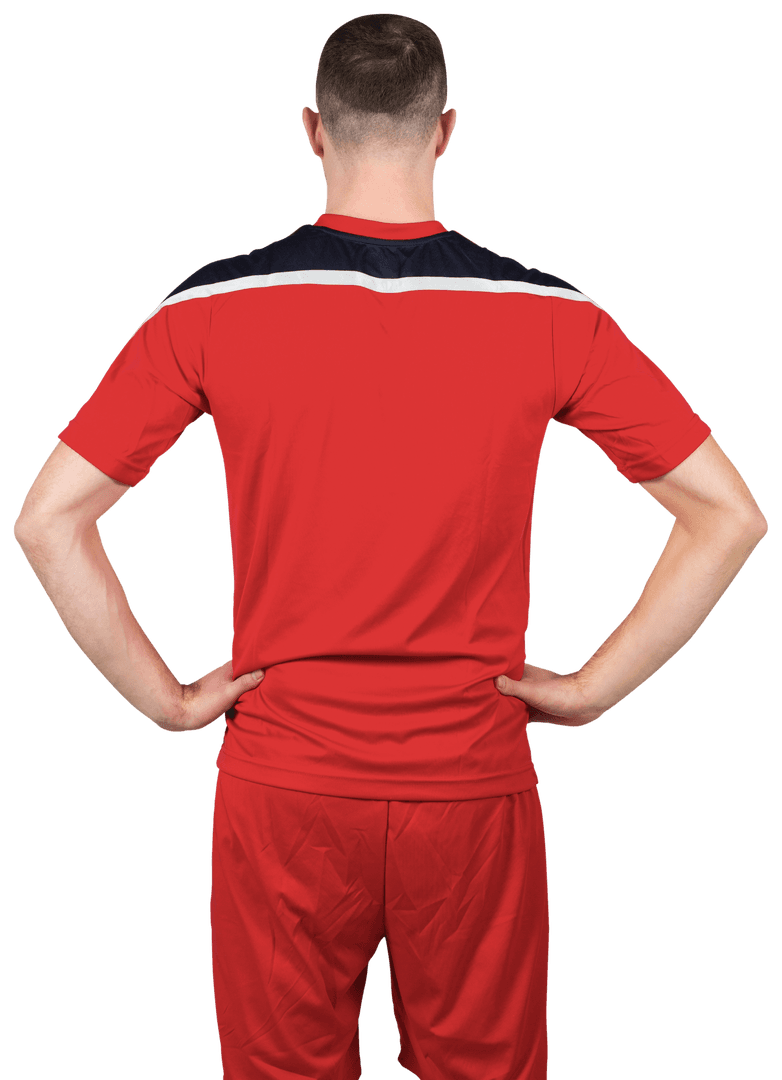 Transparent View of Athlete in Red Sportswear with Hands on Hips