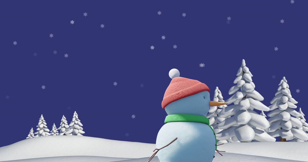 Cute Snowman in Winter Wonderland with Falling Snowflakes