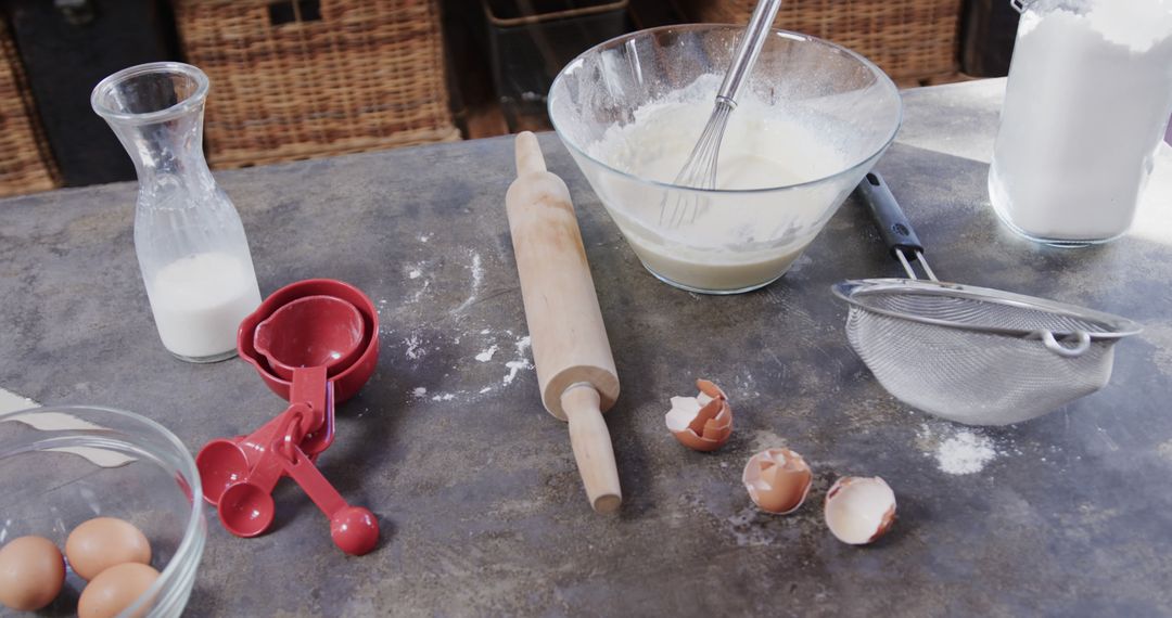 Baking Essentials with Eggs, Milk, and Rolling Pin on Rustic Surface - Free Images, Stock Photos and Pictures on Pikwizard.com