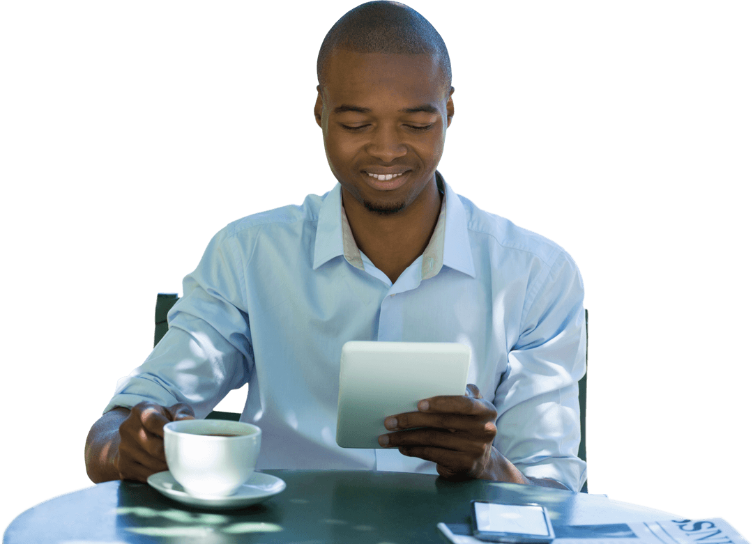 Smiling Businessman Using Tablet with Coffee on Transparent Background
