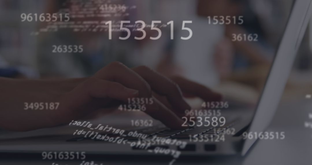 Hands Typing on Keyboard with Holographic Data Overlay