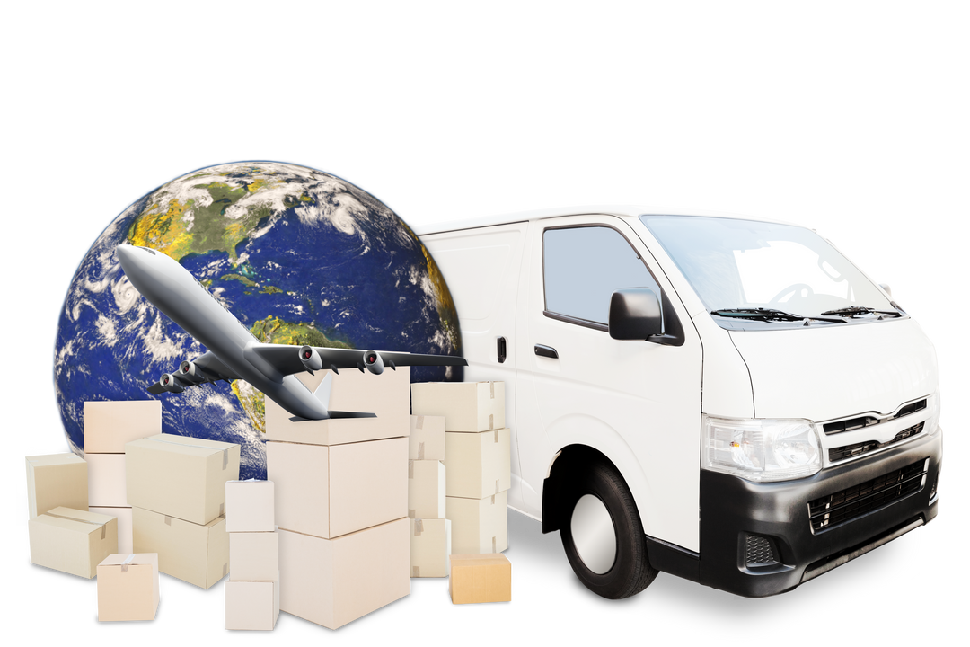 Transparent Background Delivery Services Concept with Van, Plane, Boxes and Globe - Download Free Stock Images Pikwizard.com