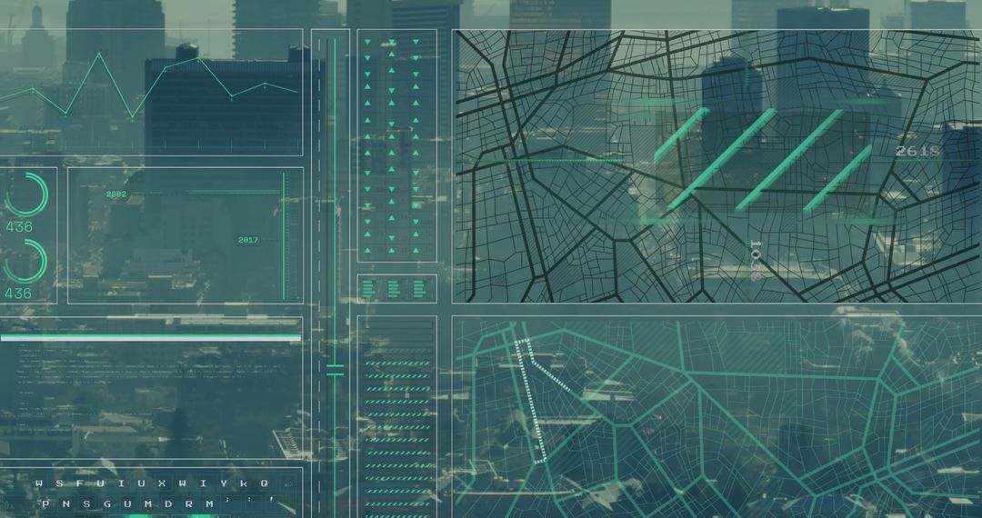 Futuristic Data Processing Interface Over Modern Cityscape