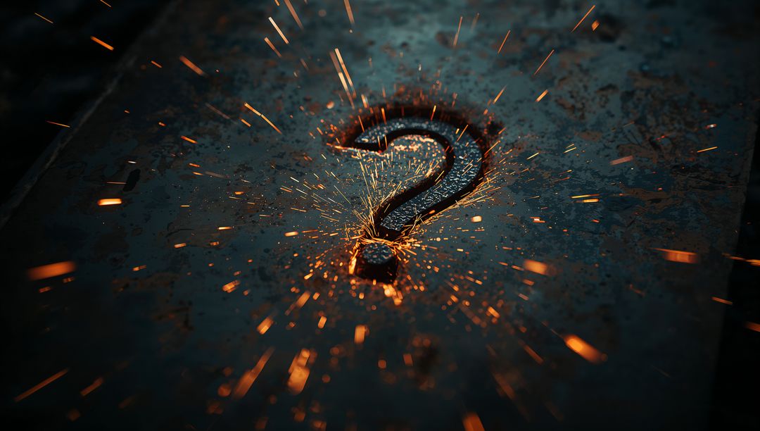 Rusty Plate with Glowing Question Mark Surrounded by Sparks