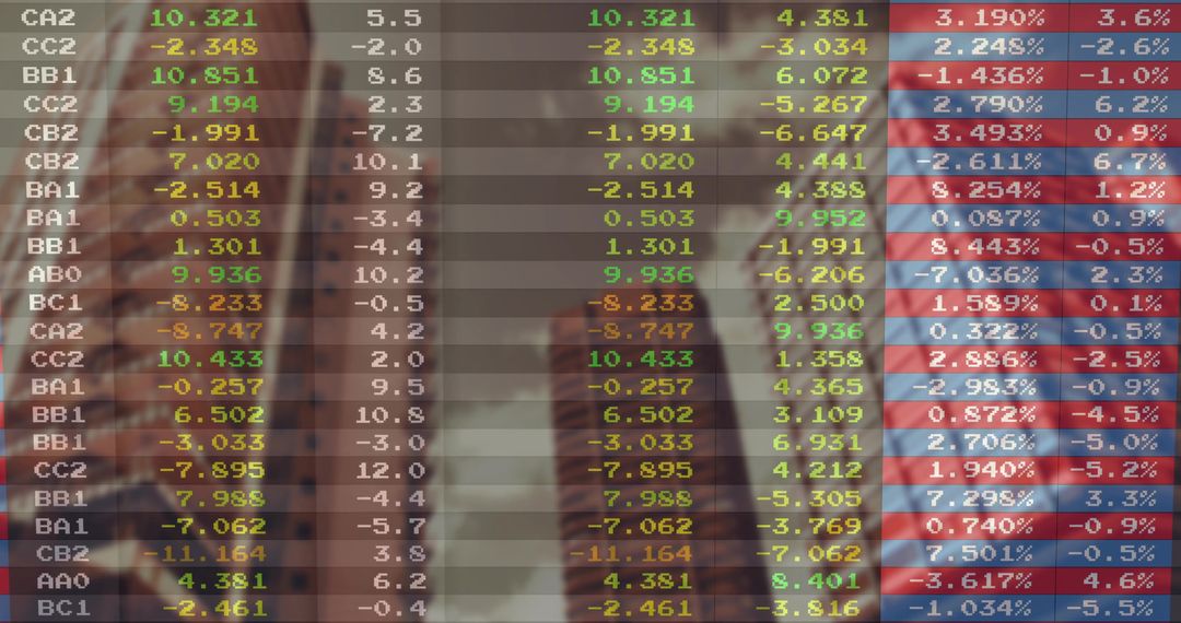 Financial ticker overlay filling office lobby with blurred professionals and analytics