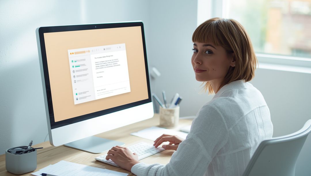 Woman Typing on Computer in Modern Home Office