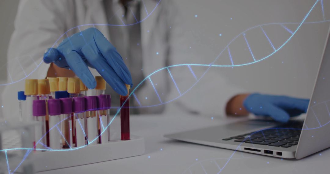 Scientist Handling Blood Samples in Laboratory with DNA Strand Overlay
