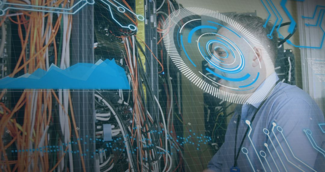 Man Using VR Technology in High-Tech Server Room