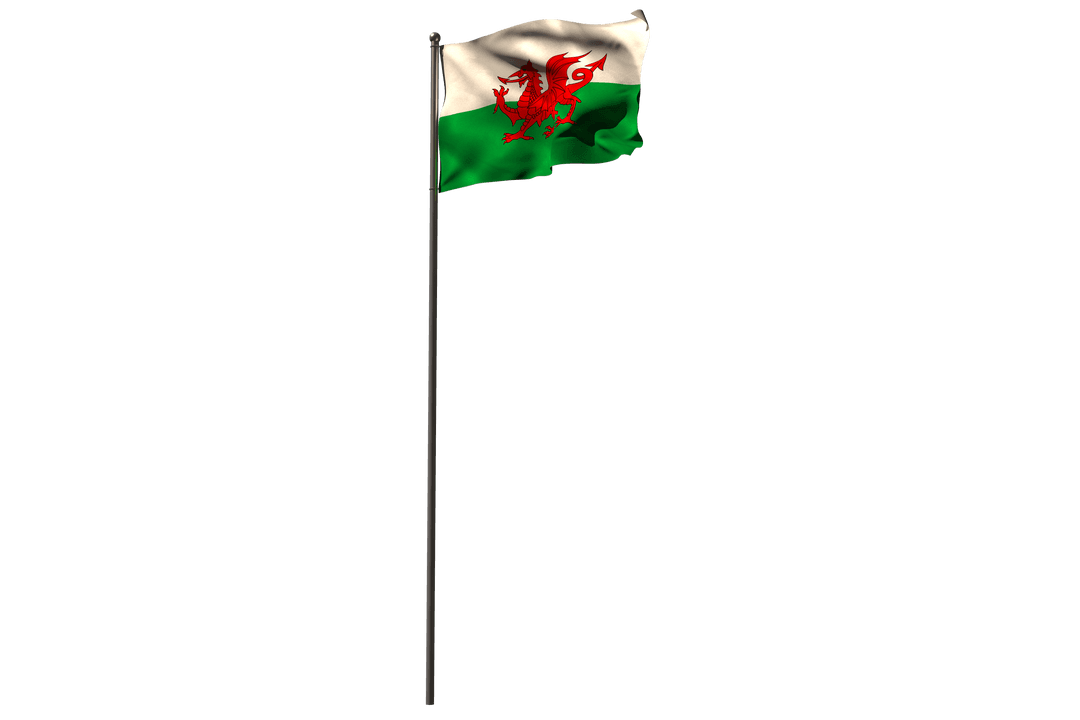 Transparent Welsh Flag Waving on Pole Isolated