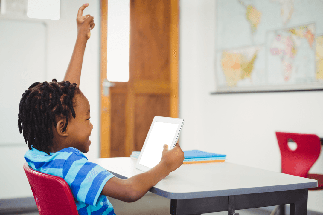 Happy Child Engaging with Transparent Tablet in Classroom