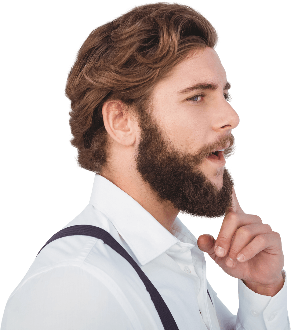 Thoughtful Bearded Hipster Profile in White Shirt Transparent Background