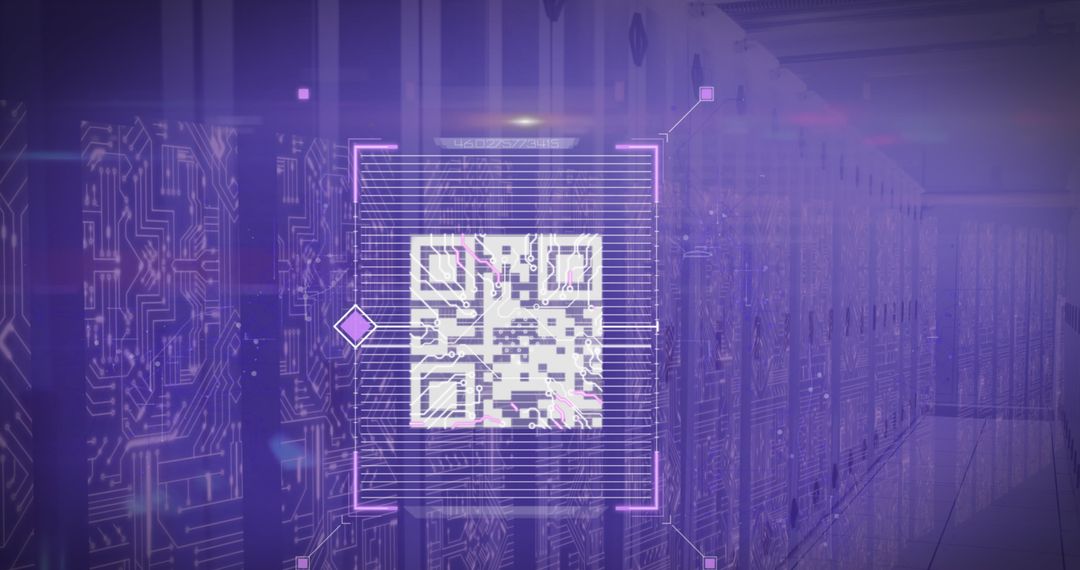 Digital QR Code Overlaid on High-Tech Server Room