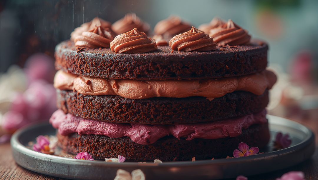 Three-Layer Chocolate Cake with Floral Decoration