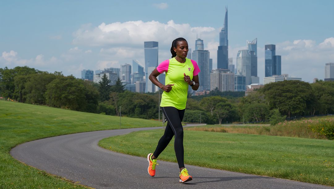 Urban Jogger in Vibrant Athletic Wear Running Through Park