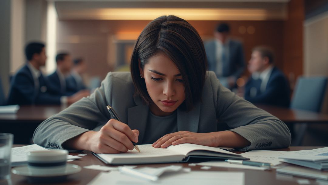 Focused Business Professional Writing Notes in Meeting Room