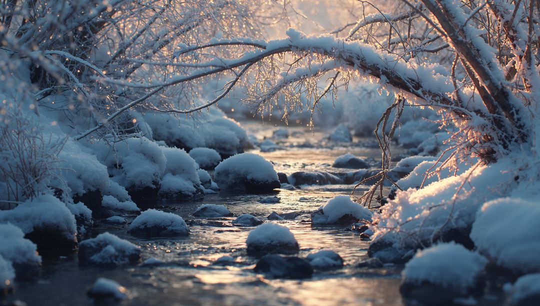 Snow-Covered Creek in Forest with Sunlit Stones and Icicles