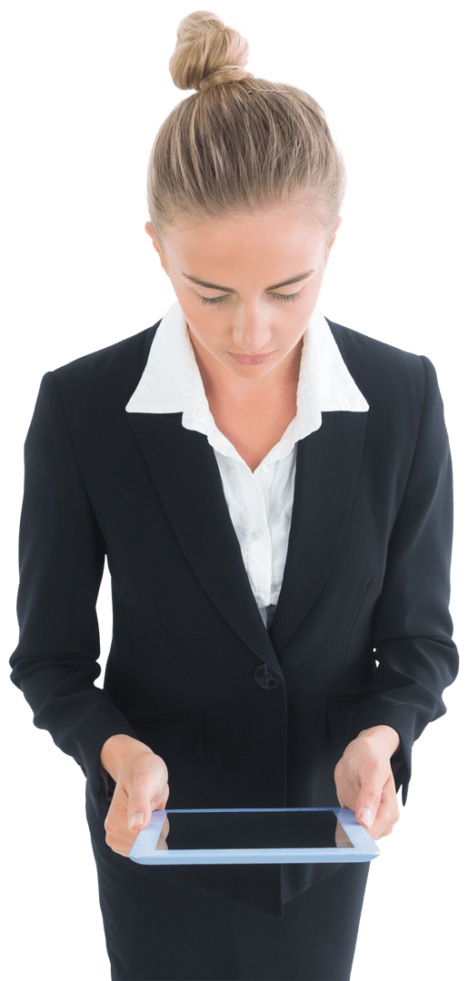 Transparent Businesswoman Using Tablet in Corporate Attire