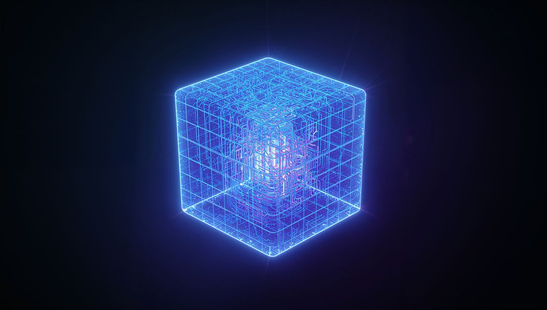 Futuristic Neon Blue Wireframe Cube with Intricate Grid