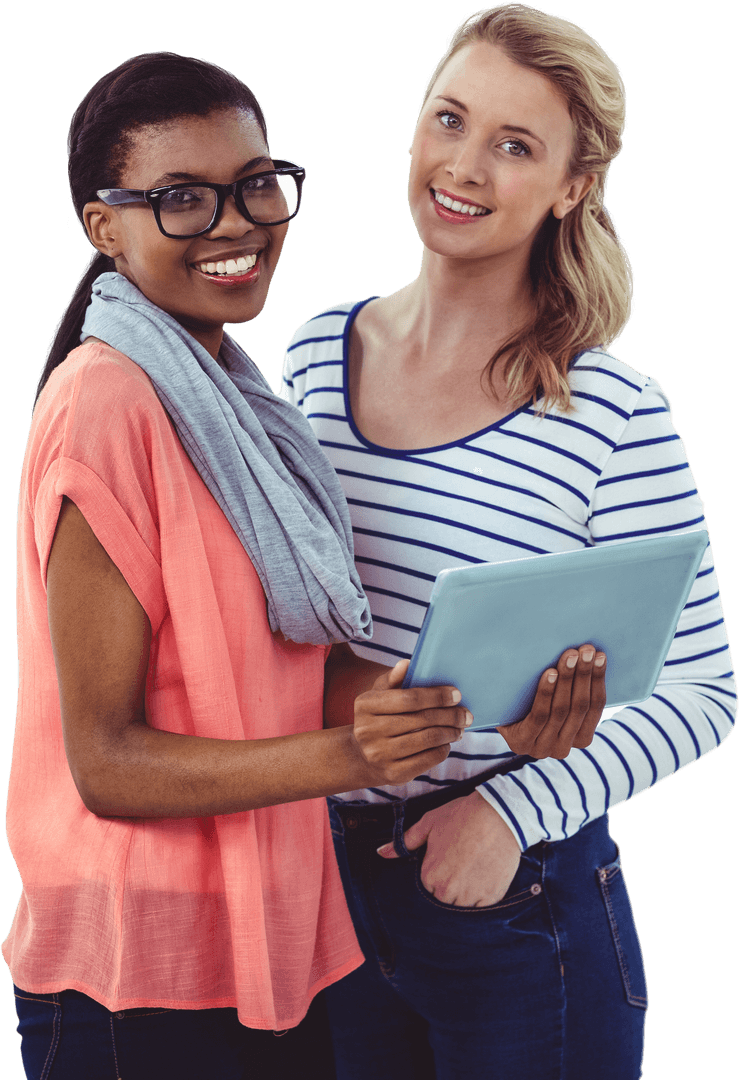 Diverse Women Collaborating with Tablet Transparent Background