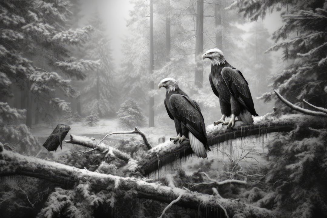 Two majestic bald eagles perch in a snowy forest setting - Free Images, Stock Photos and Pictures on Pikwizard.com