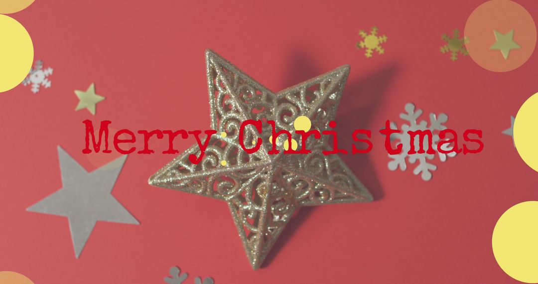 Merry Christmas Text with Star and Snowflakes on Red