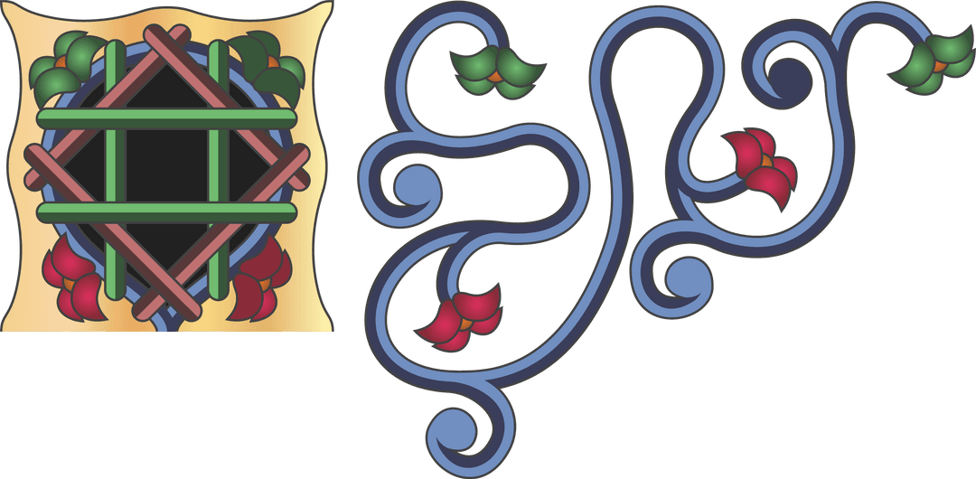 Ornamental Lattice Motif with Blue Tendrils on Transparent Background