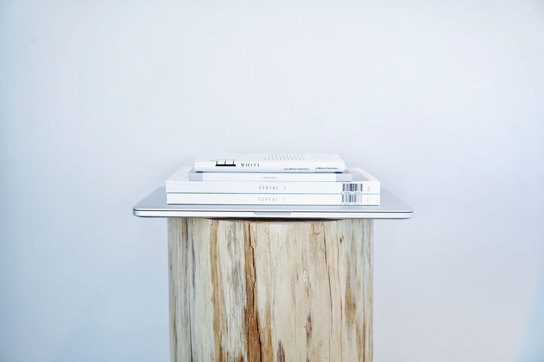 Plain minimalist white books on wooden plinth