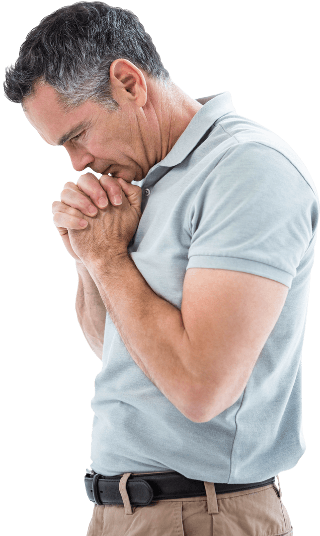 Transparent Mature Man in Thoughtful Pose with Clasped Hands